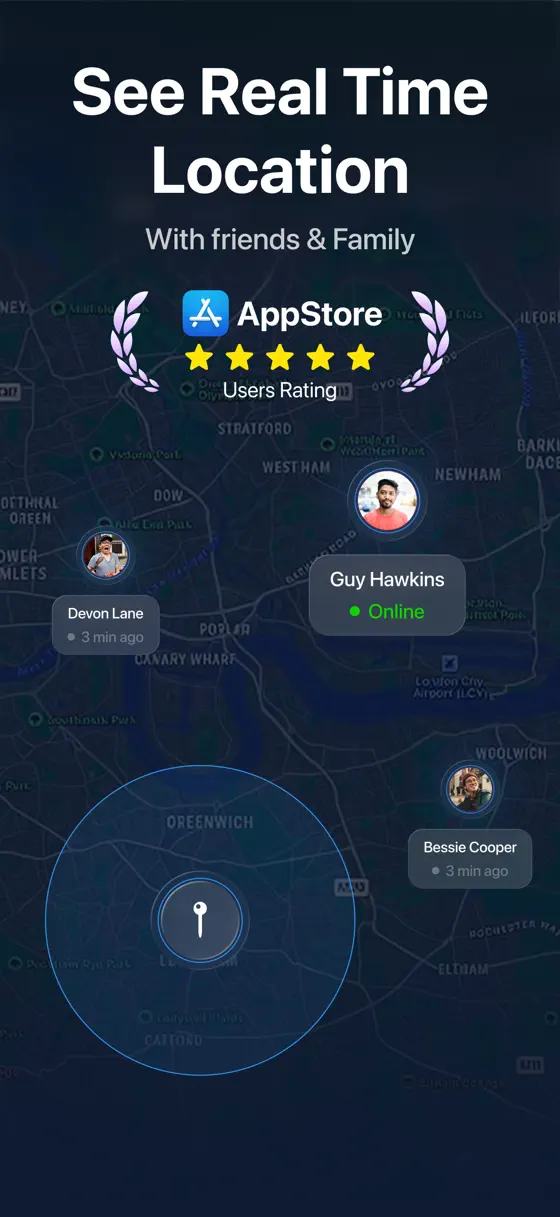 Stay Near: friends shown live on a city map with names and online status