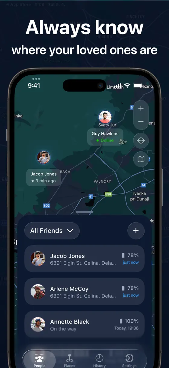 Stay Near: the People list with each person's address, battery level and last update time