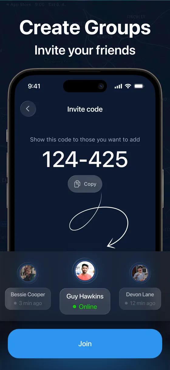 Stay Near: an invite code screen used to add friends to a group